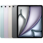 نمای روبه‌رو صفحه نمایش Liquid Retina تبلت آیپد ایر 13 اینچ M4 حافظه 256 گیگابایت رم 12 Wi-Fi به همراه چیدمان چهار رنگ‌بندی دستگاه در پس‌زمینه مشکی