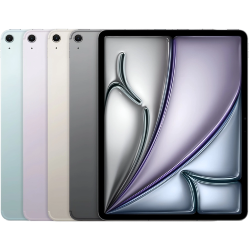 نمای روبه‌رو صفحه نمایش Liquid Retina تبلت آیپد ایر ۱۱ اینچ M4 حافظه 256 رم 12 Wi-Fi به همراه چیدمان چهار رنگ‌بندی دستگاه در پس‌زمینه مشکی