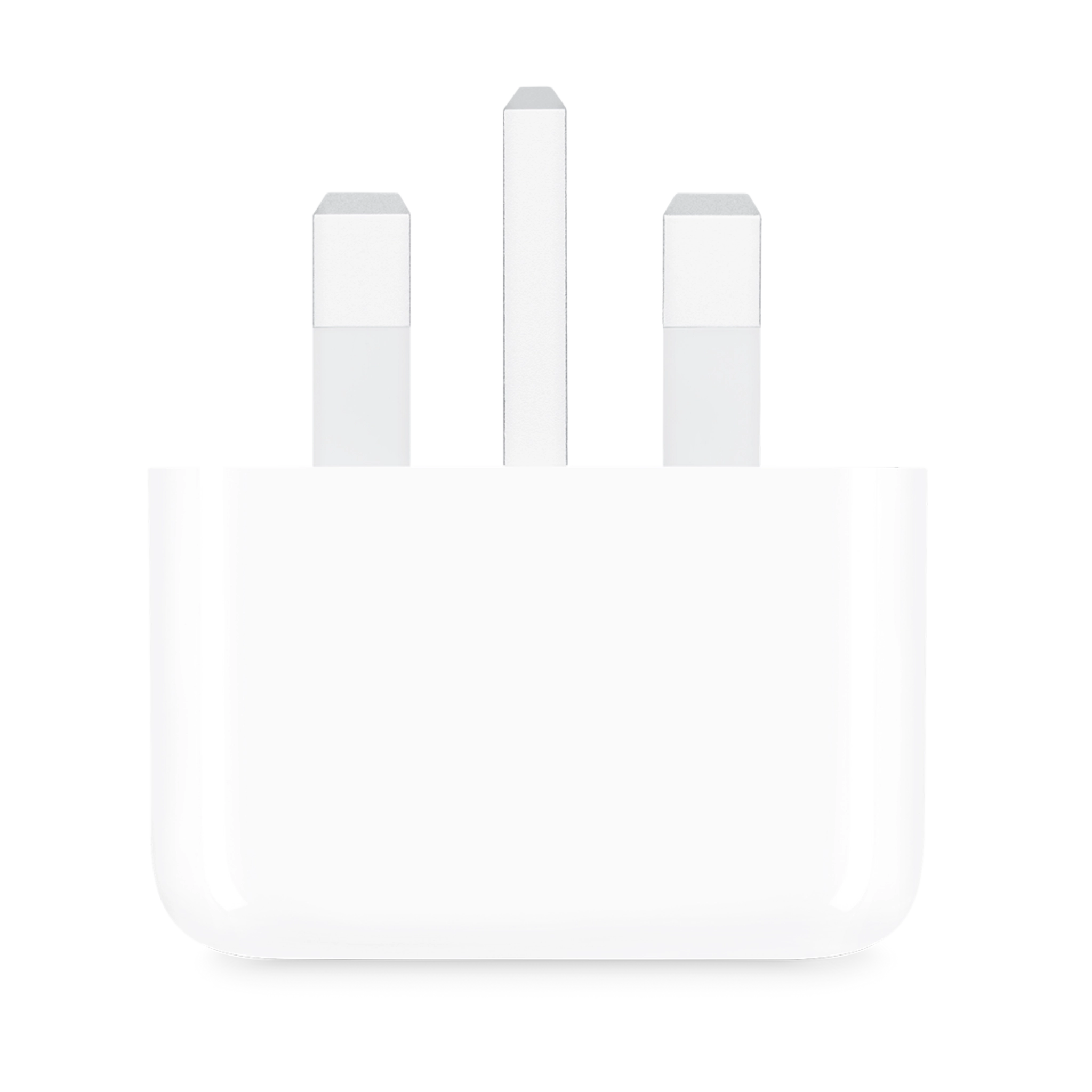 adapter-3pin-3 نمای روبروی کلگی شارژر سه شاخه (3Pin) اورجینال اپل با بدنه سفید و شاخههای بازشده