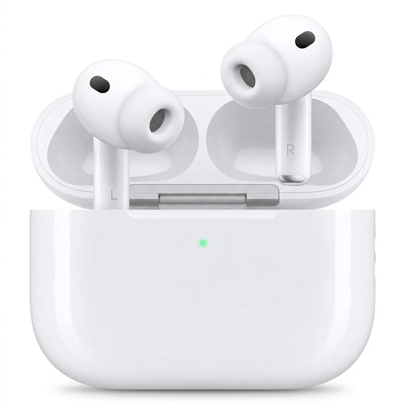 airpods-gen-3 نمای روبهرو از قرارگیری هدفونها داخل کیس شارژ باز شده ایرپاد نسل 3 Pro اپل 2025 همراه با نشانگر LED وضعیت سبز رنگ