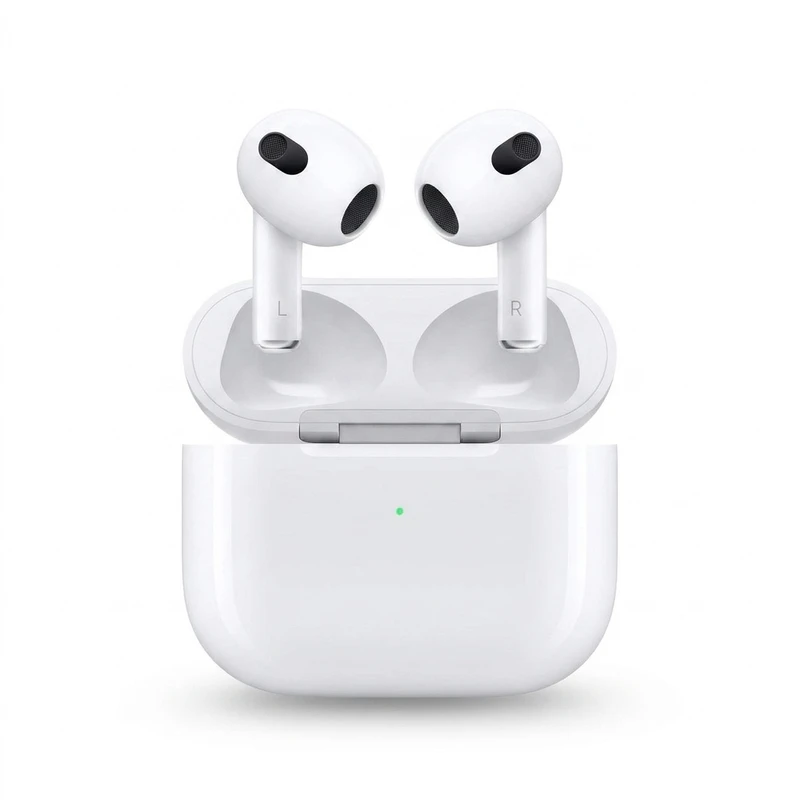 airpods-gen-3n نمای روبهرو از هدفونها در حالت معلق بالای کیس شارژ باز شده ایرپاد نسل 3 اپل 2021 بدون قابلیت ANC همراه با نشانگر LED وضعیت سبز رنگ