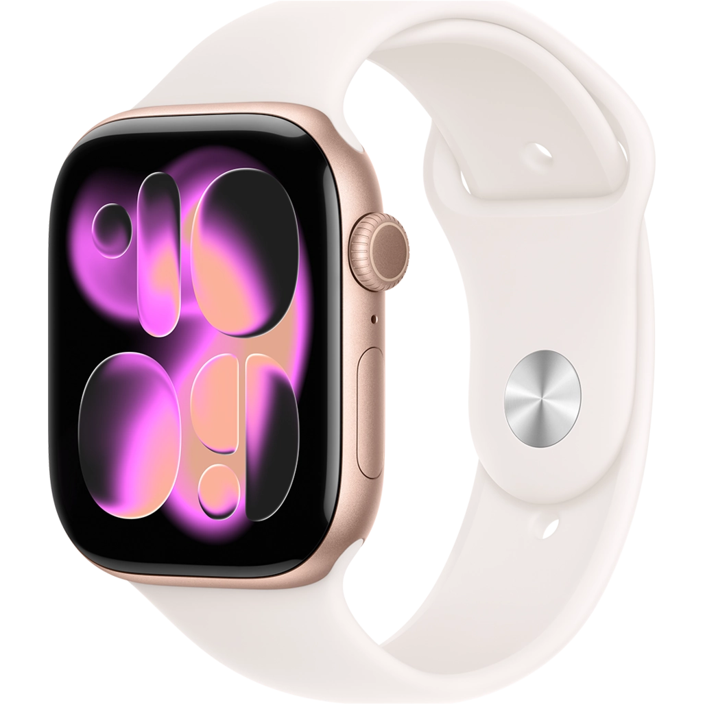 apple-watch-11-12 نمای زاویهدار و سهبعدی اپل واچ سری ۱۱ رنگ رزگلد با بند سیلیکونی