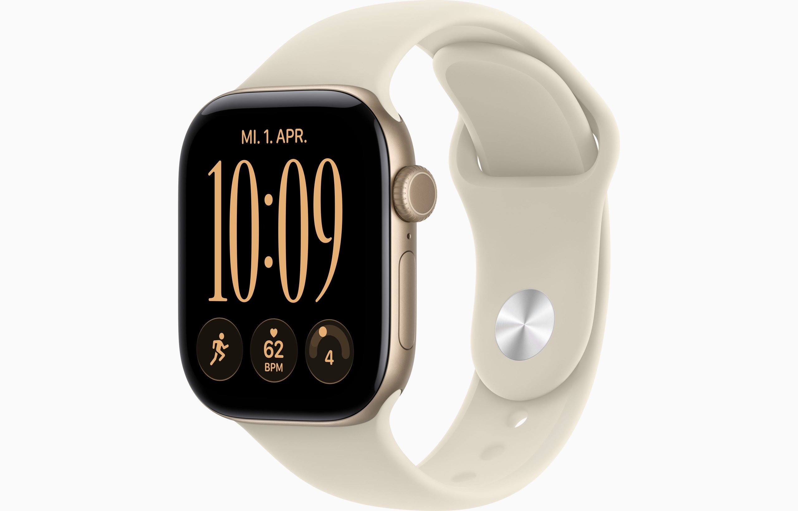 apple-watch-12-5 ساعت هوشمند اپل واچ سری 12 با قاب طلایی روشن همراه با بند سیلیکونی کرمرنگ در نمای زاویهدار.