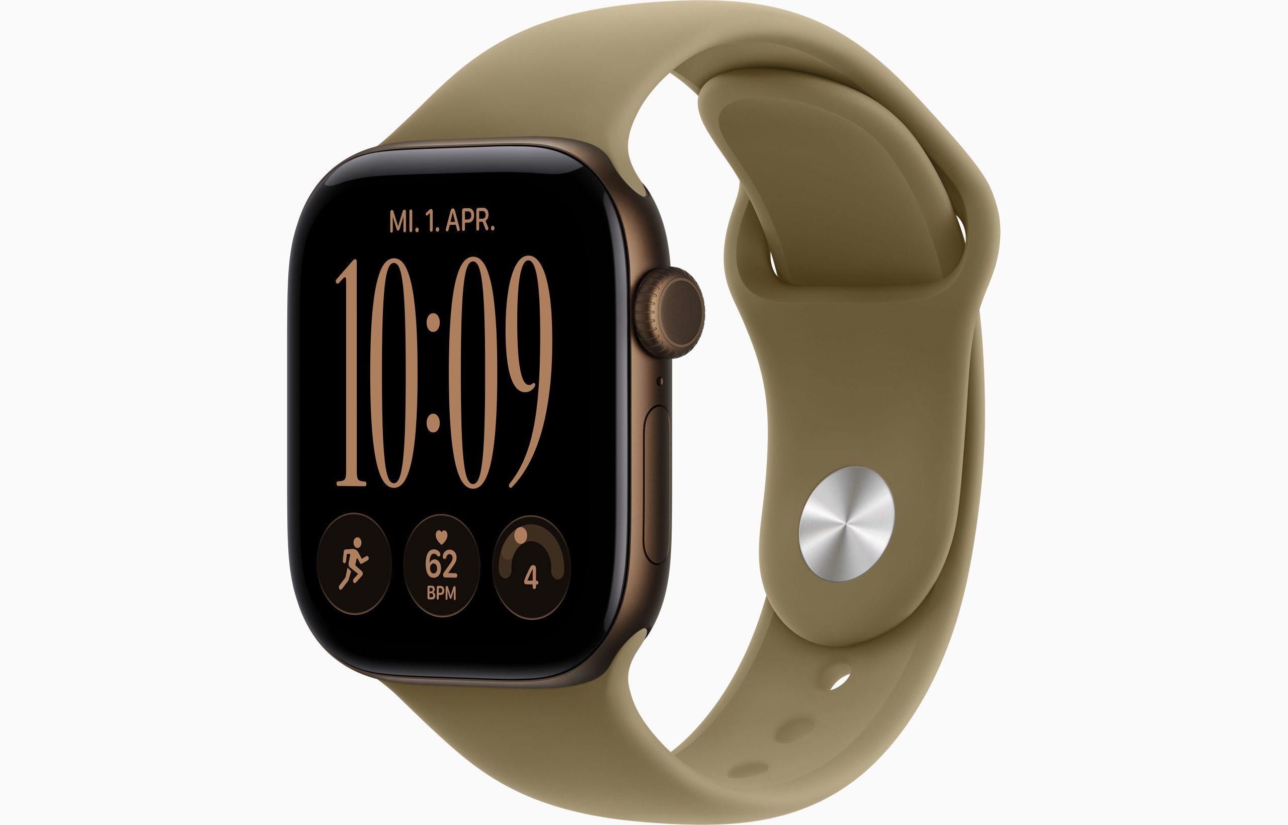 apple-watch-12-8 نمای زاویهدار اپل واچ سری 12 با قاب برنزی تیره و بند سیلیکونی سبز زیتونی.