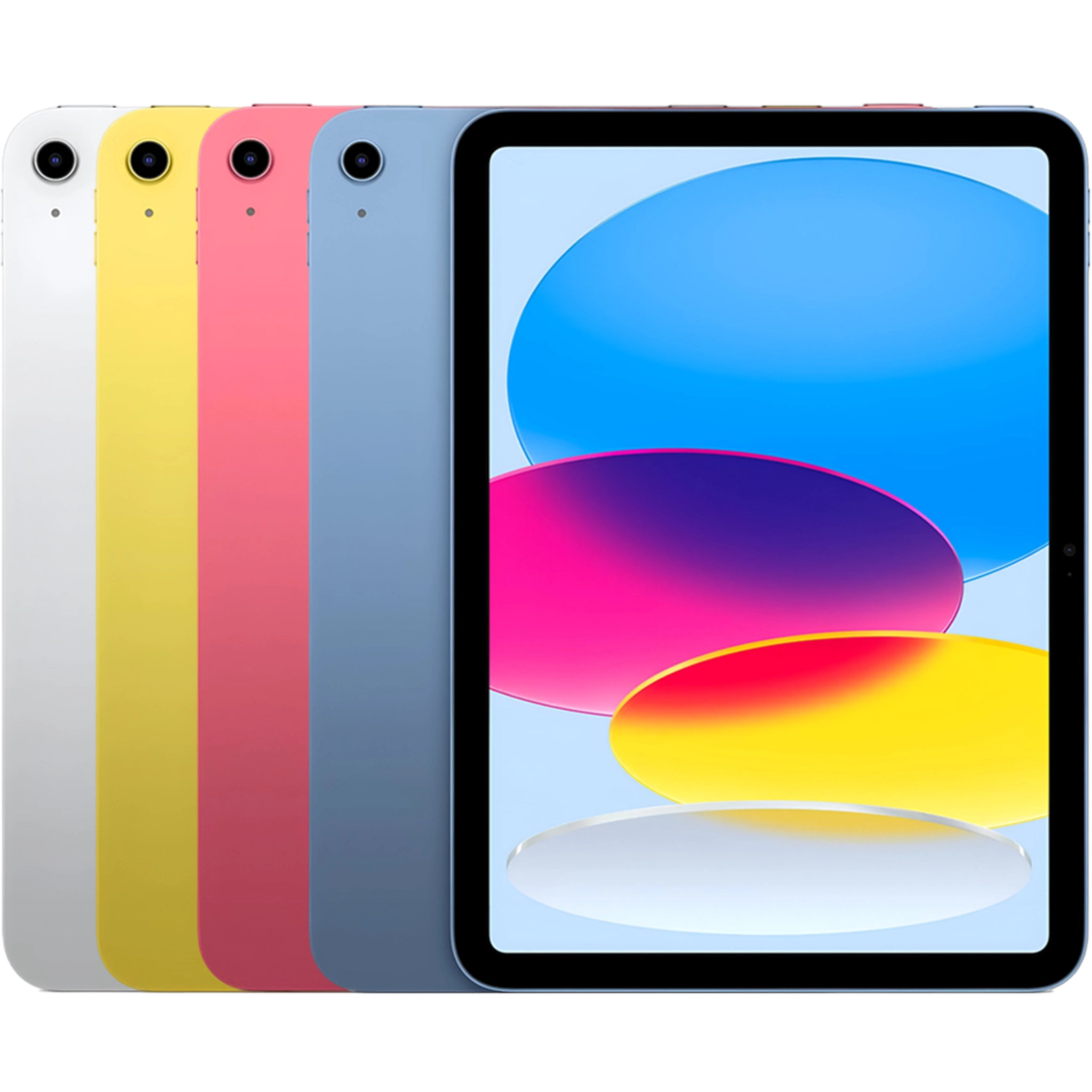 ipad-11- نمای روبهرو صفحه نمایش تبلت اپل آیپد ۱۱ اینچ ۲۰۲۵ A16 حافظه 128 رم ۶ Wi-Fi با والپیپر اختصاصی و چیدمان قاب پشت دستگاه در چهار رنگ آبی، صورتی، زرد و نقرهای