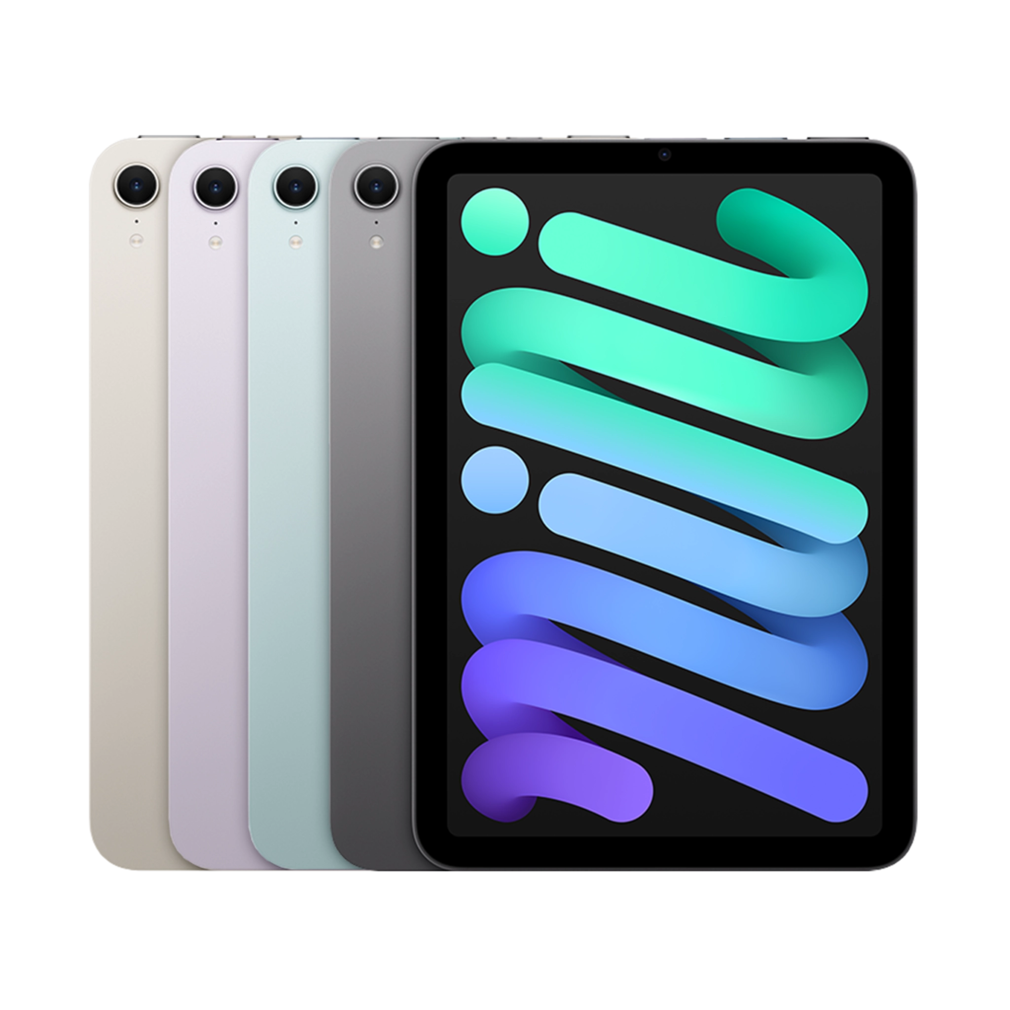 ipad-mini نمای روبهرو صفحه نمایش تبلت اپل آیپد مینی ۸.۳ اینچ ۲۰۲۴ A17 Pro حافظه 128 رم ۸ Wi-Fi با والپیپر اختصاصی و چیدمان قاب پشت دستگاه در چهار رنگ متنوع